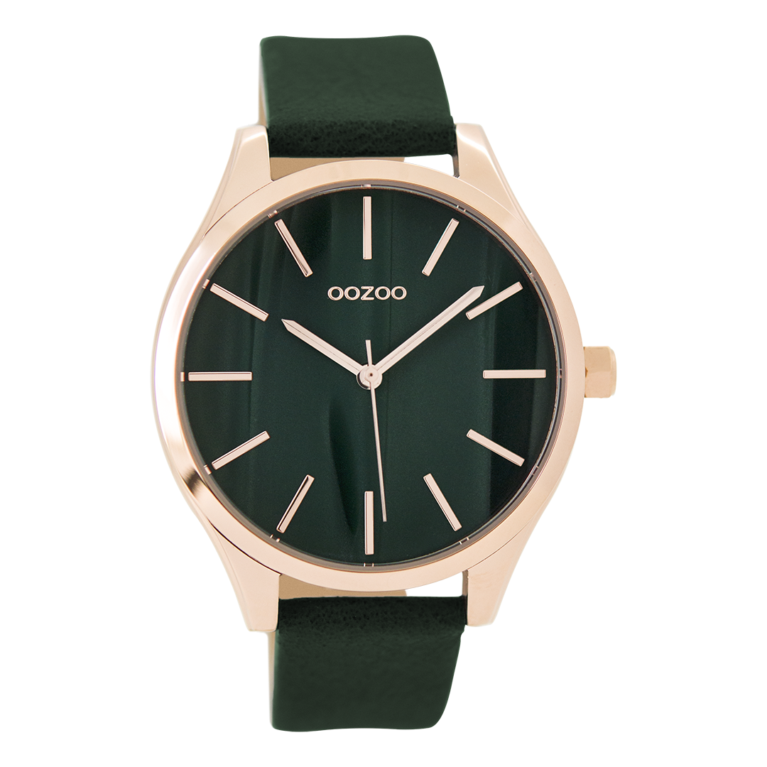 Rosé goudkleurige OOZOO horloge met donker groene leren band - C9503