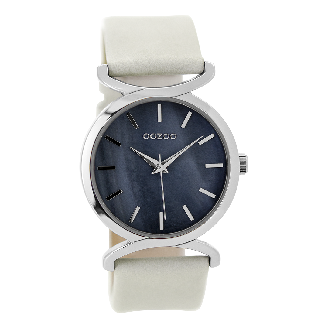 Zilverkleurige OOZOO horloge met witte leren band - C9525