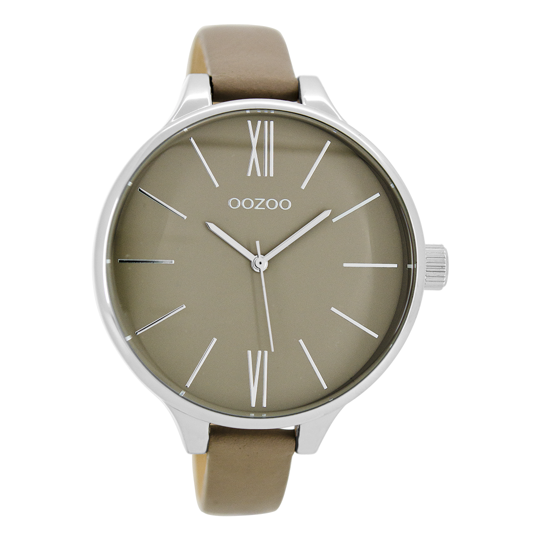 Zilverkleurige OOZOO horloge met taupe leren band - C9543
