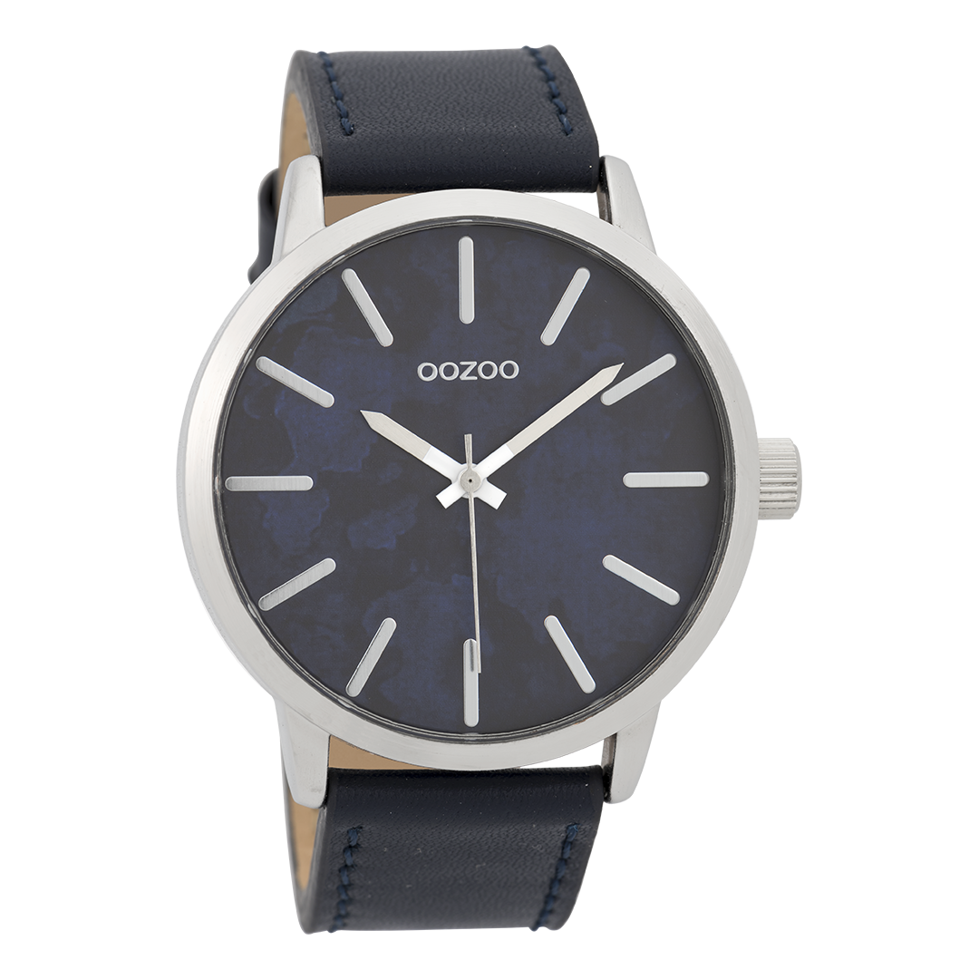 Zilverkleurige OOZOO horloge met donker blauwe leren band - C9602