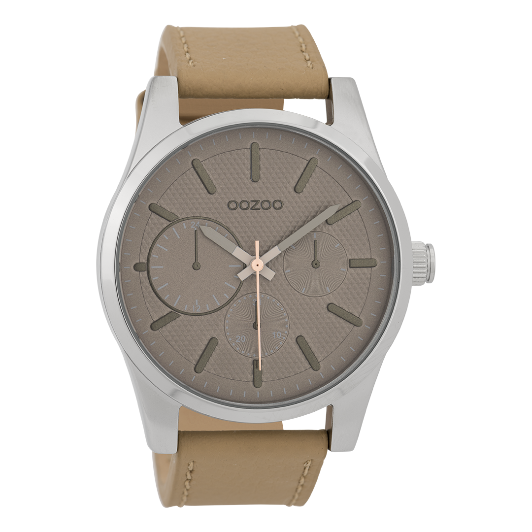Zilverkleurige OOZOO horloge met camel leren band - C9615