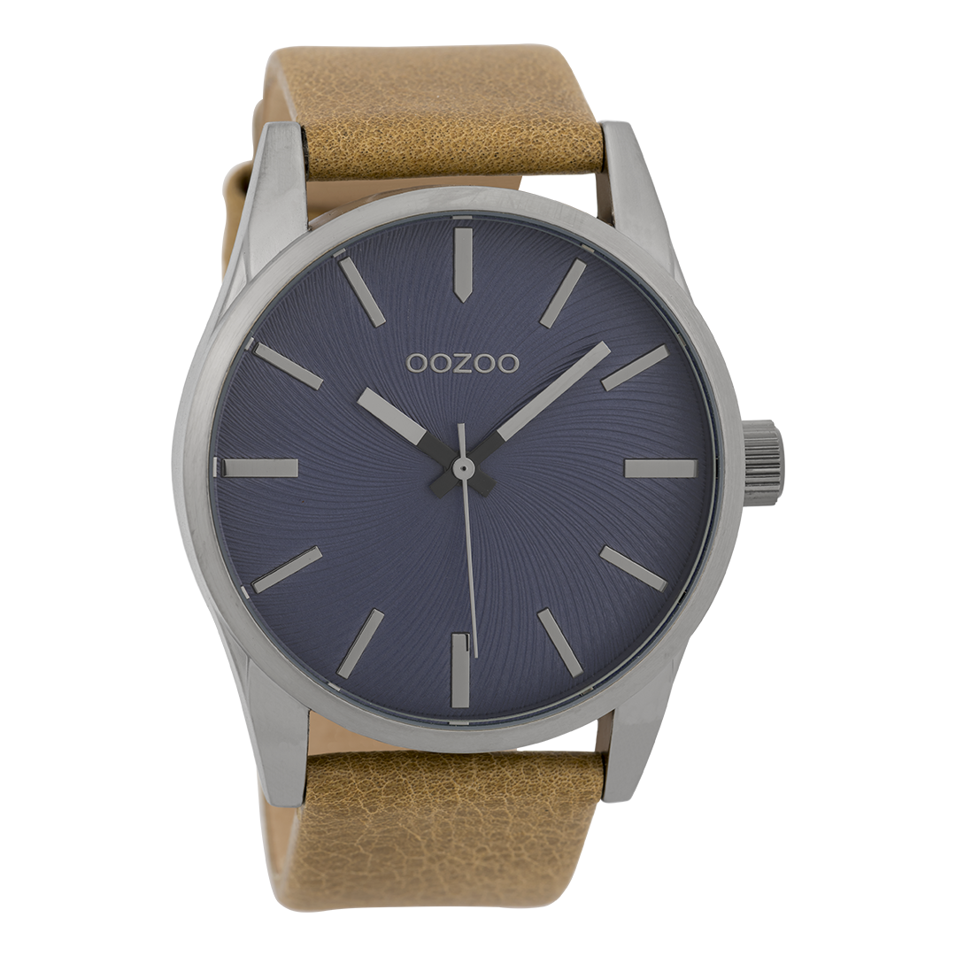 Zilverkleurige OOZOO horloge met camel leren band - C9625