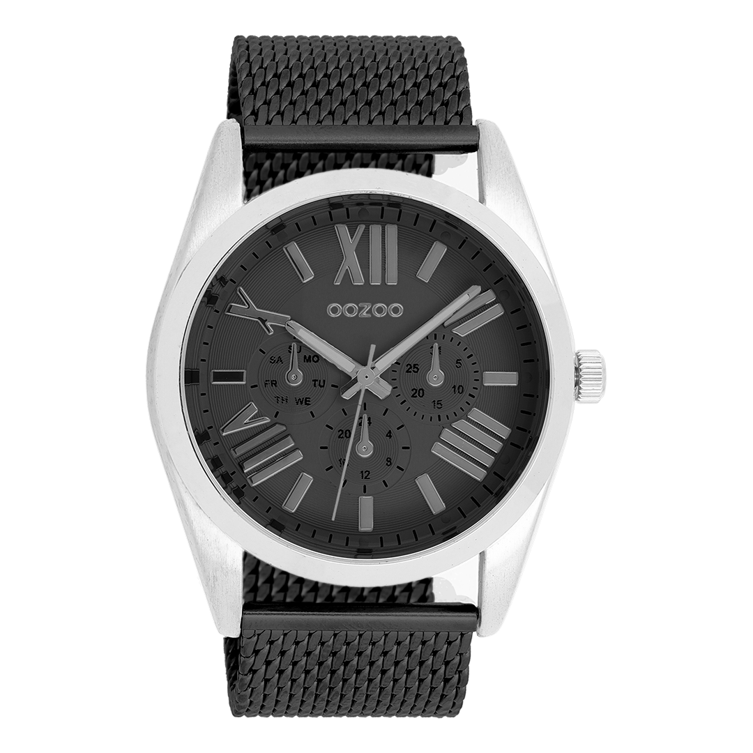 Zilverkleurige OOZOO horloge met zwarte metalen mesh armband - C9644
