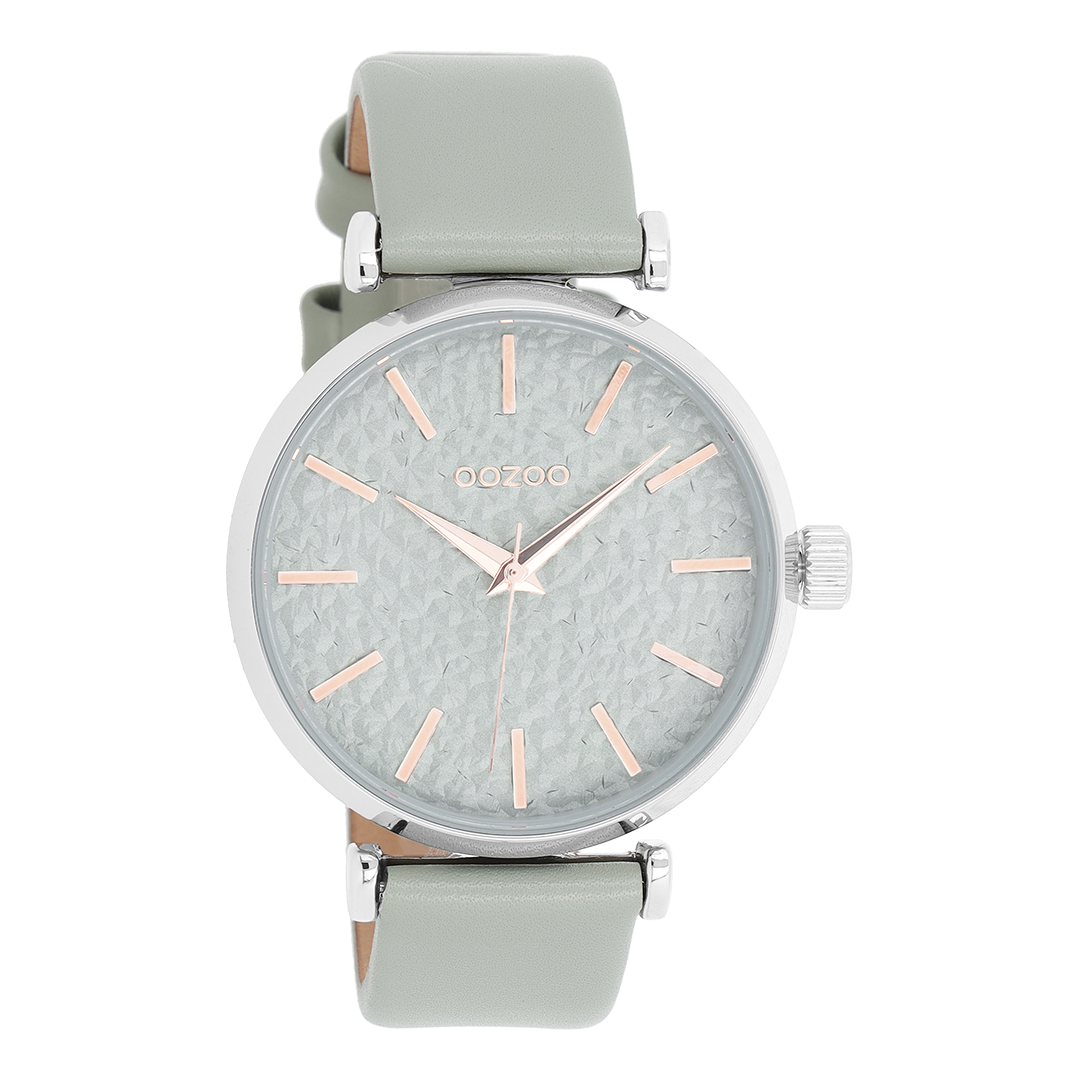 Zilverkleurige OOZOO horloge met groen grijze leren band - C9665