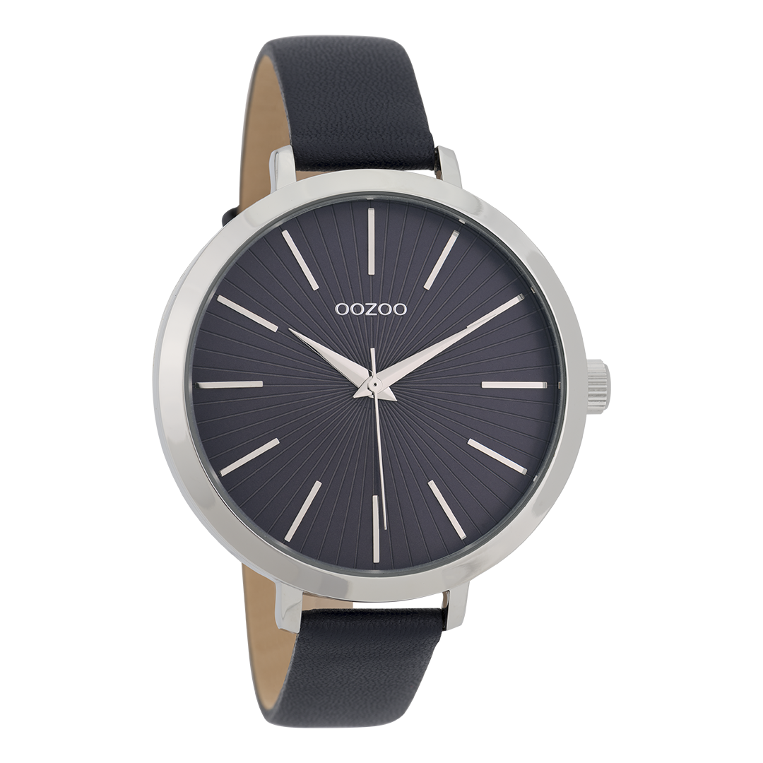 Zilverkleurige OOZOO horloge met donker blauwe leren band - C9671