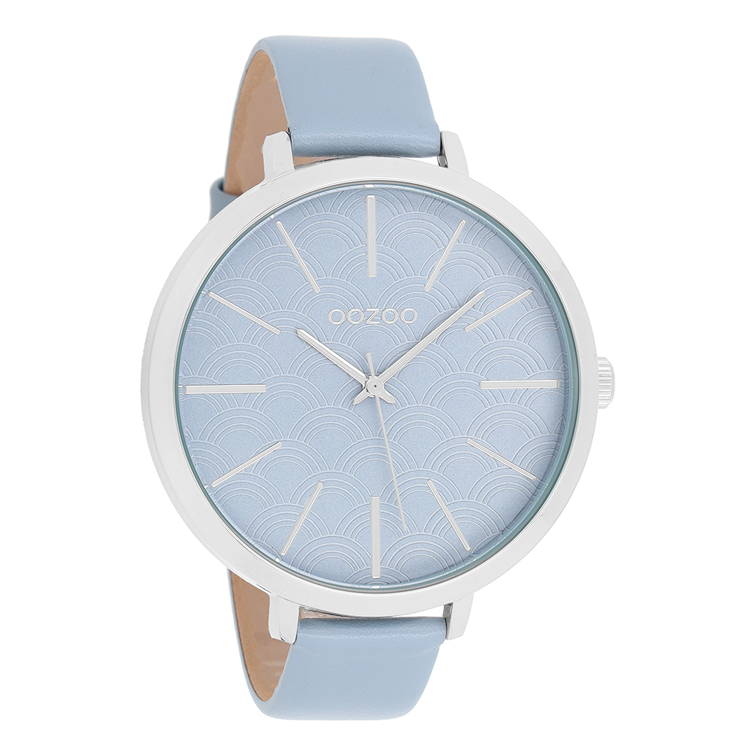 Zilverkleurige OOZOO horloge met licht blauwe leren band - C9677