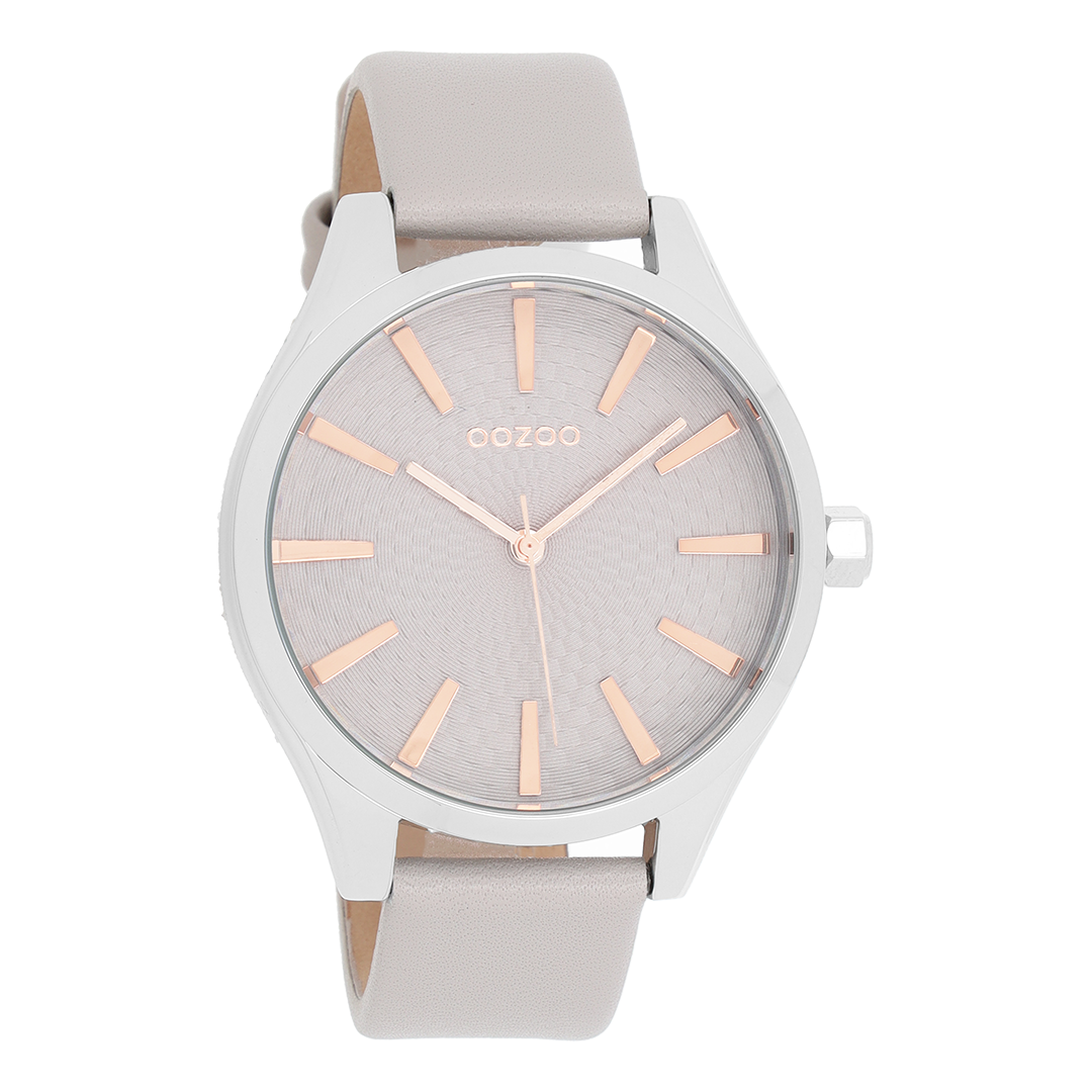Zilverkleurige OOZOO horloge met licht grijze leren band - C9685