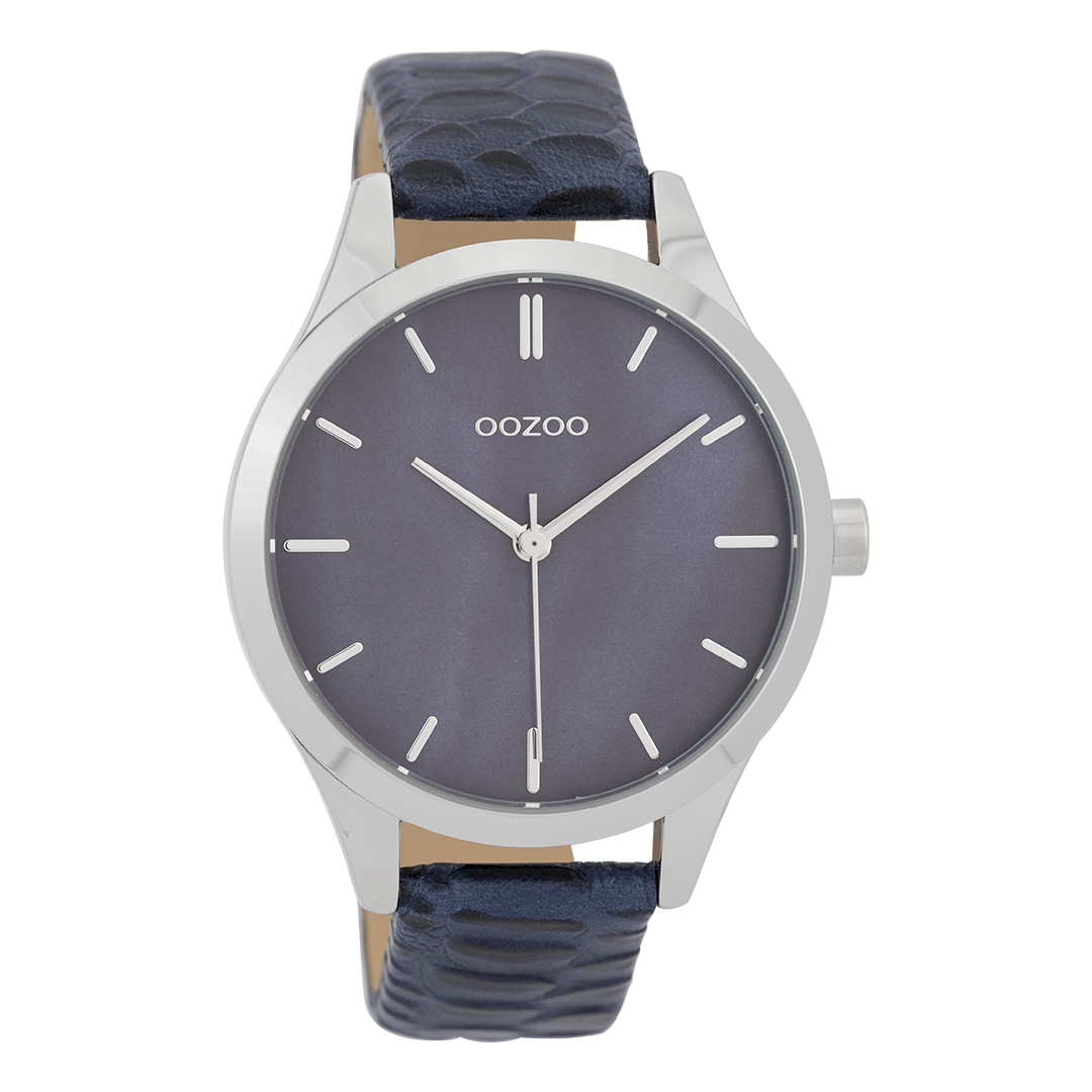 Zilverkleurige OOZOO horloge met donker blauwe leren band - C9721