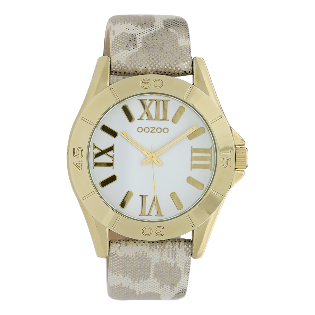 Goudkleurige OOZOO horloge met zilverkleurig/witte leren band - C9781