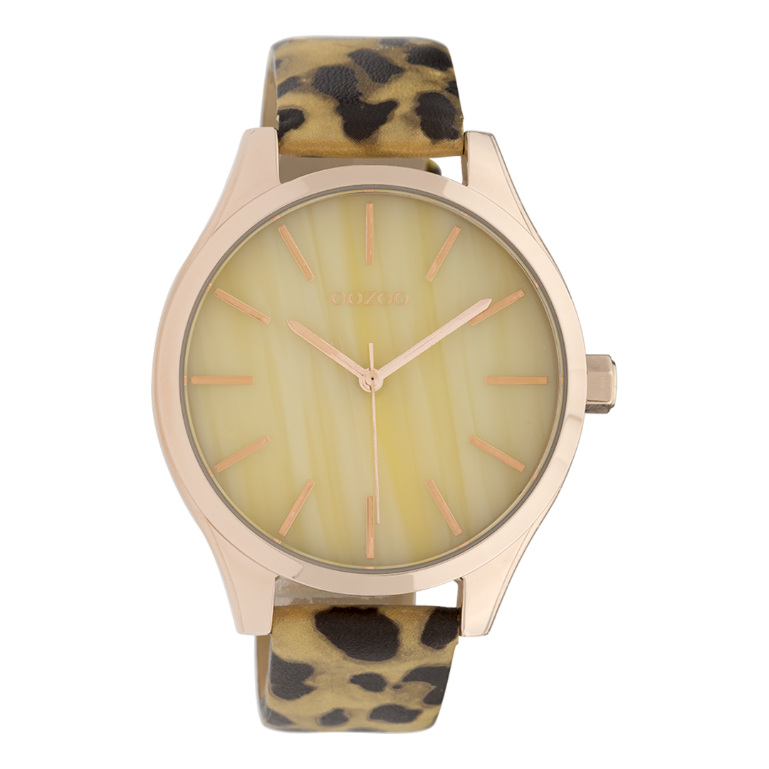 Rosé goudkleurige OOZOO horloge met zwart/goudkleurige leren band - C9792