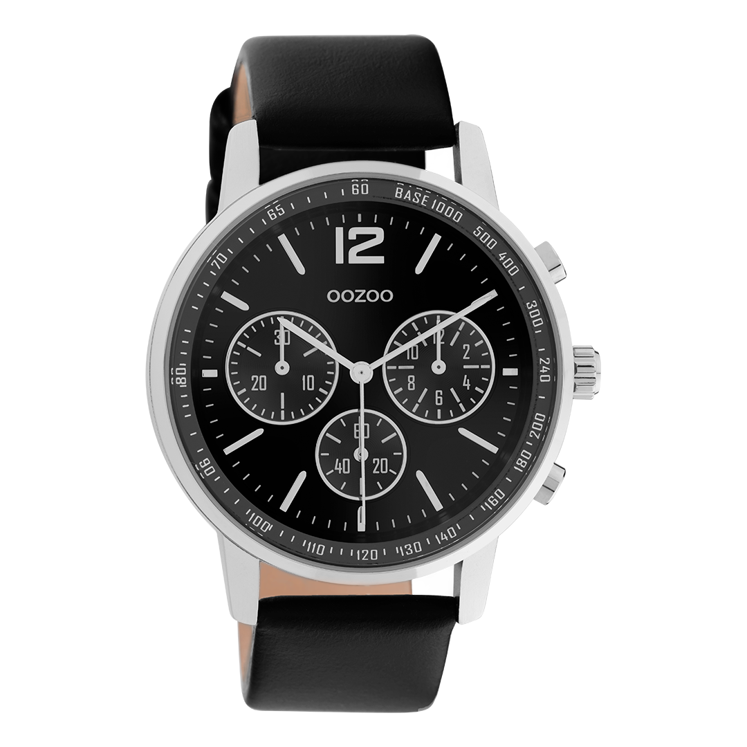 Silver coloured OOZOO watch with black leather strap - C10813