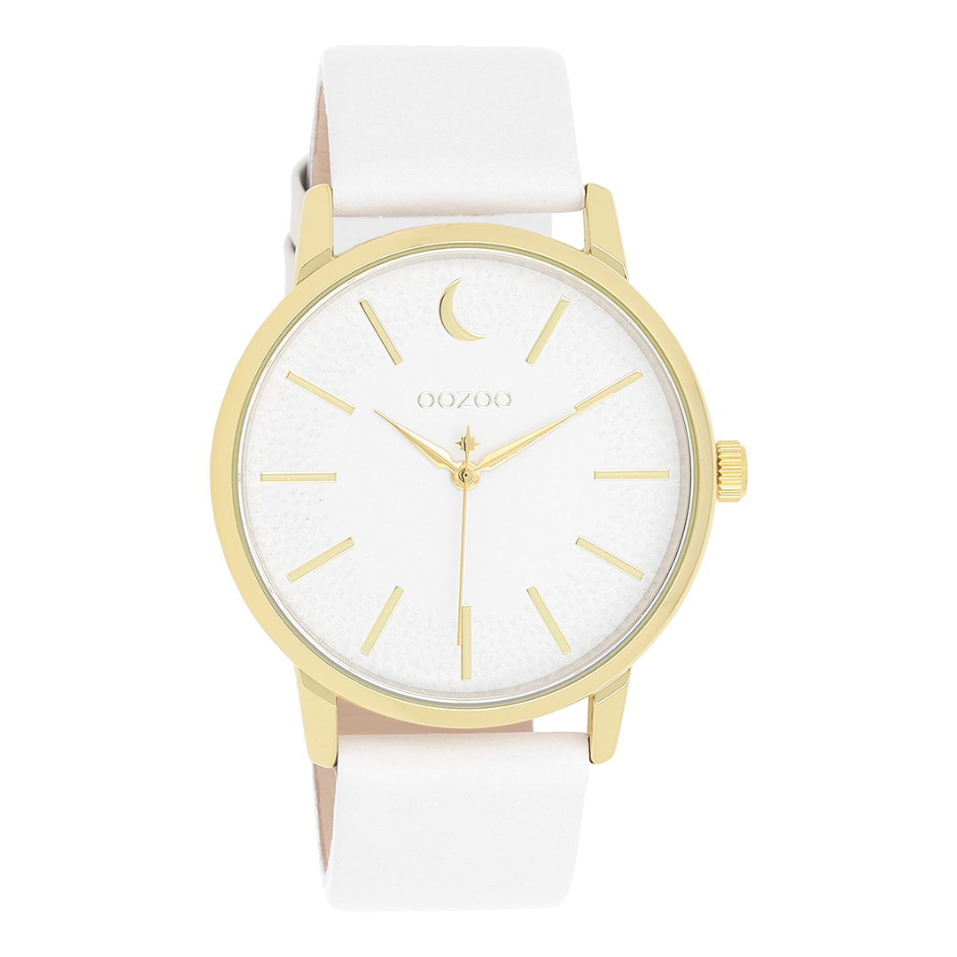Gold coloured OOZOO watch with white leather strap - C11156