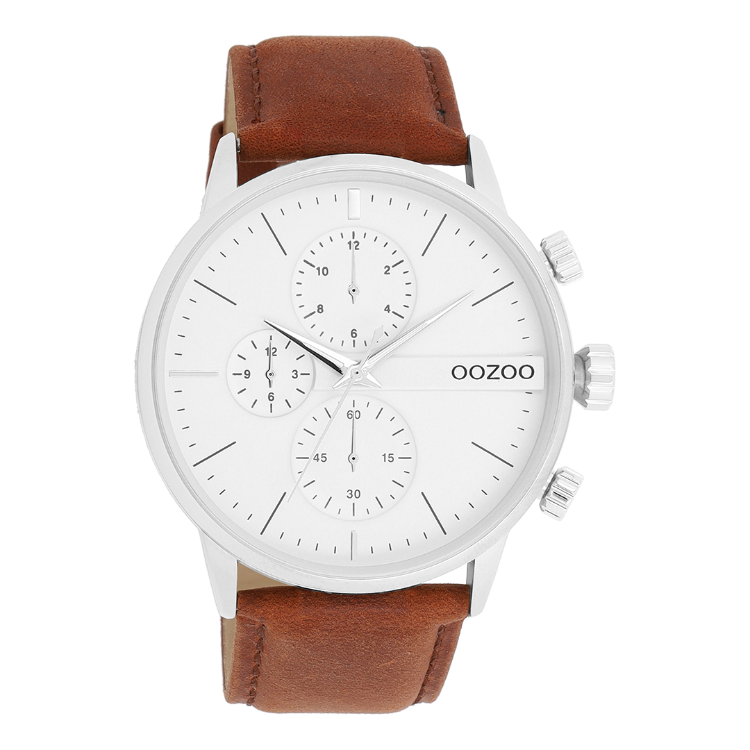Zilverkleurige OOZOO horloge met bruine leren band - C11220