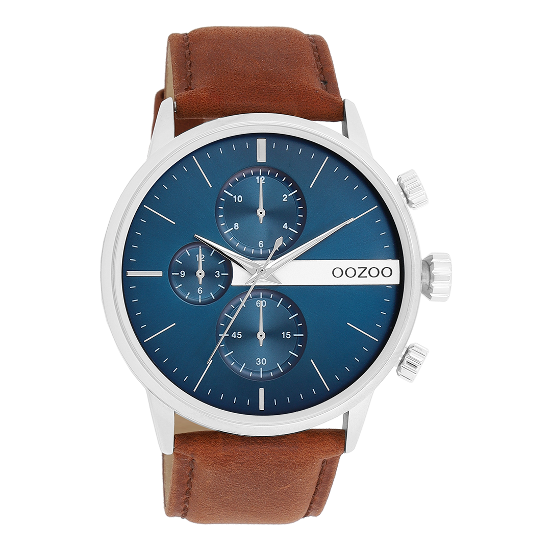 Zilverkleurige OOZOO horloge met bruine leren band - C11221