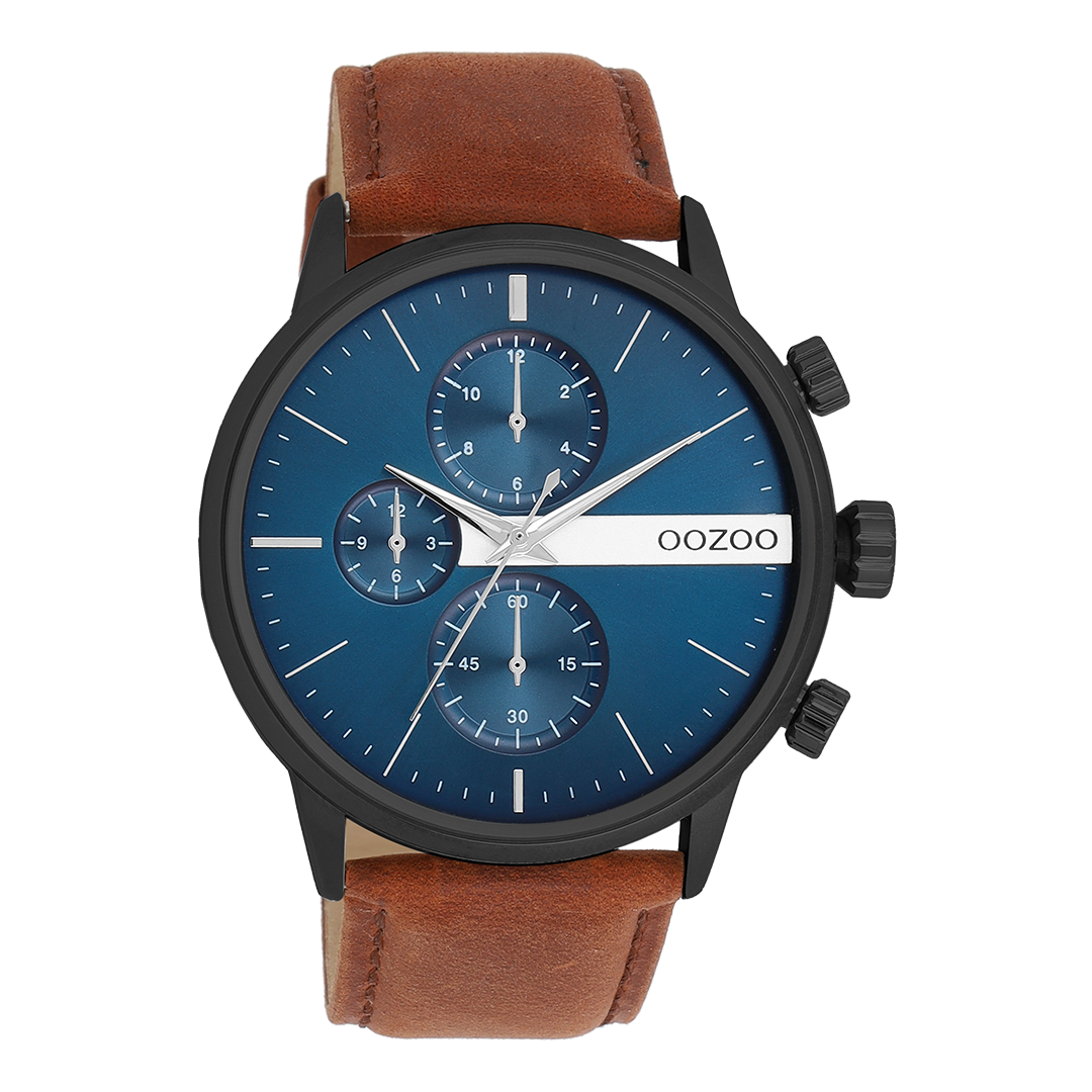 Zwarte OOZOO horloge met bruine leren band - C11222