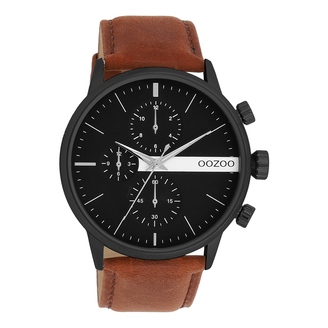 Zwarte OOZOO horloge met bruine leren band - C11223