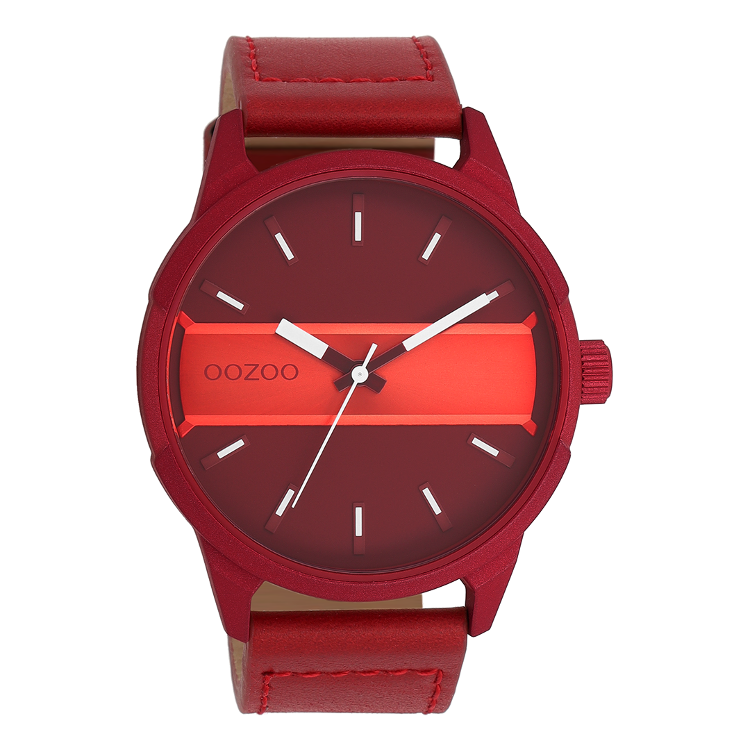Dahlia/vuur rode OOZOO horloge met dahlia rood leren band - C11231