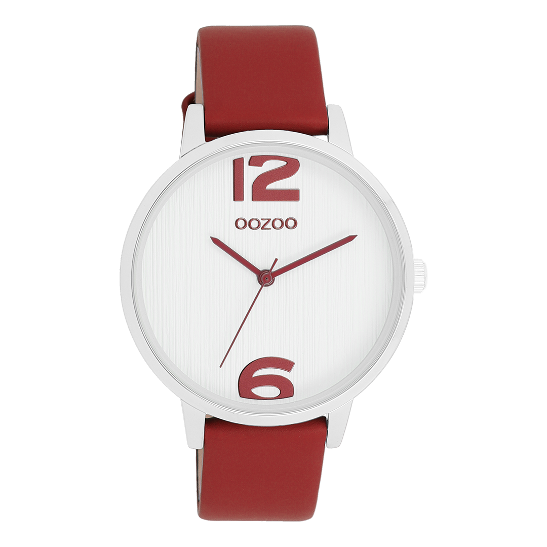 Silver coloured OOZOO watch with dahlia red leather strap - C11237