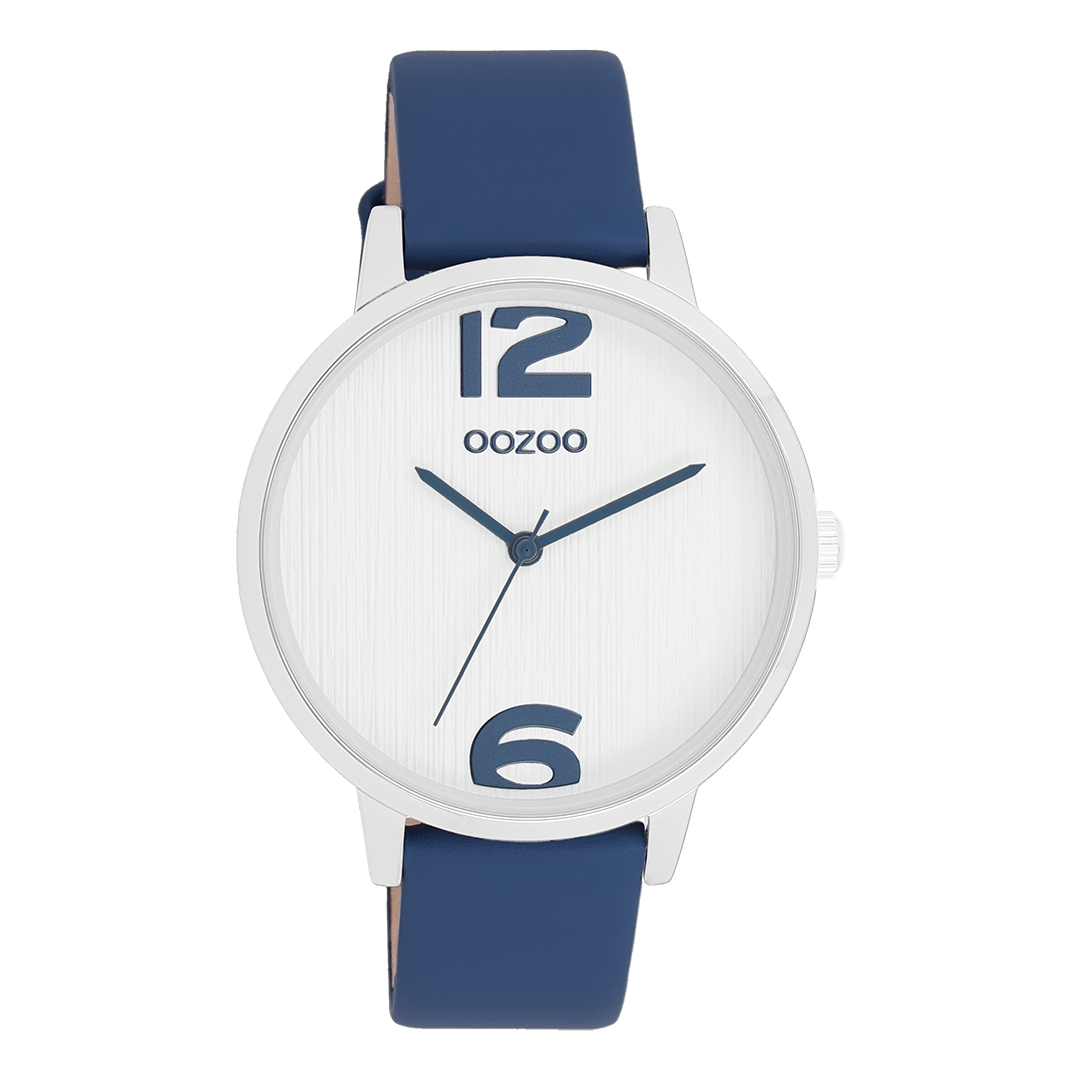 Silver coloured OOZOO watch with dark blue leather strap - C11238