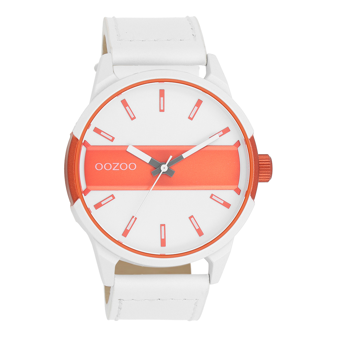 Wit/fluo oranje OOZOO horloge met witte leren band - C11316