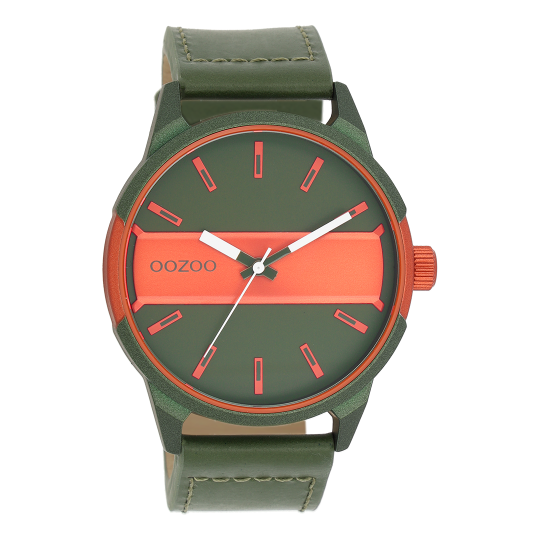 Groen/fluo oranje OOZOO horloge met groene leren band - C11318