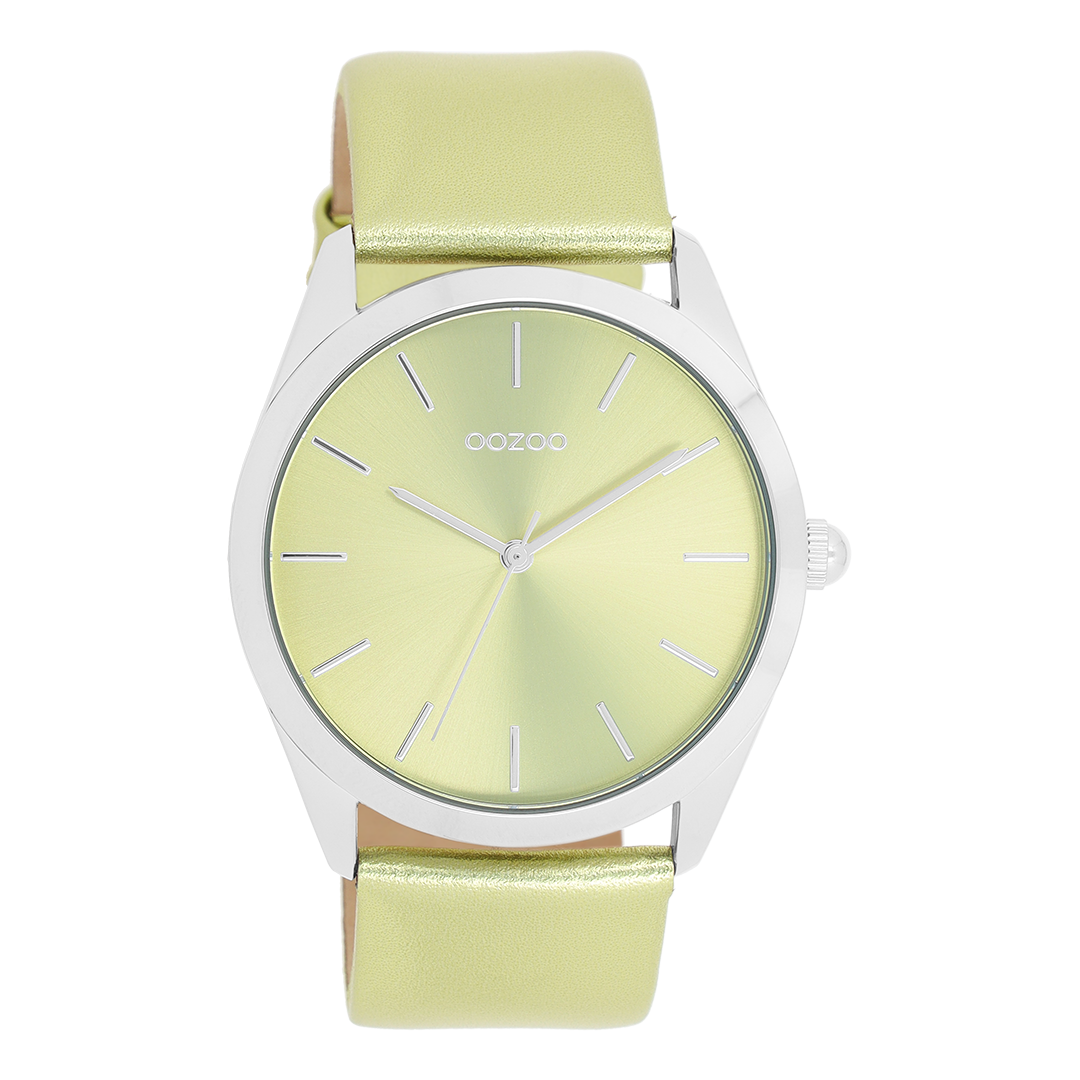 Zilverkleurige OOZOO horloge met limoen groene leren band - C11331