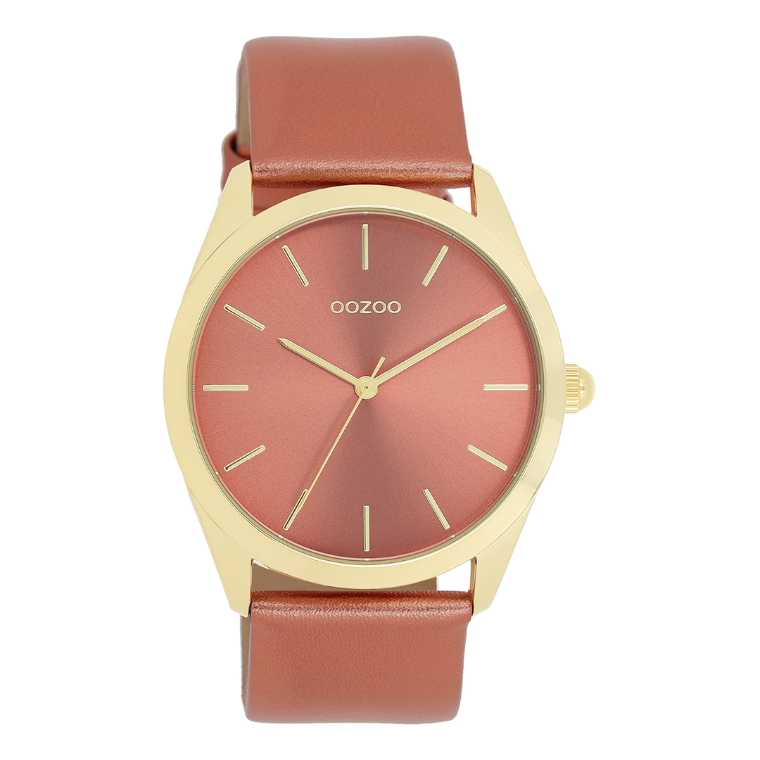 Goudkleurige OOZOO horloge met baksteen rode leren band - C11334