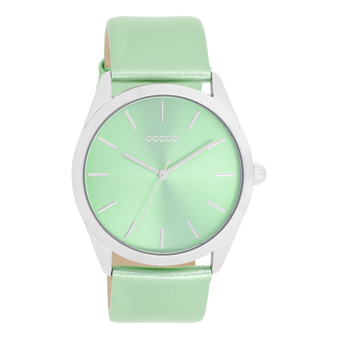Silver coloured OOZOO watch with mint green leather strap - C11336