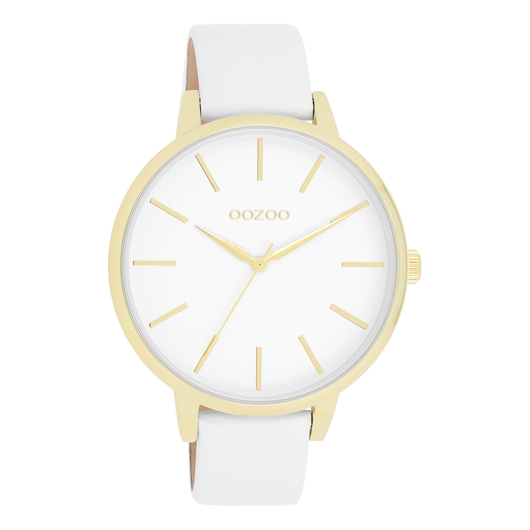 Gold coloured OOZOO watch with white leather strap - C11359