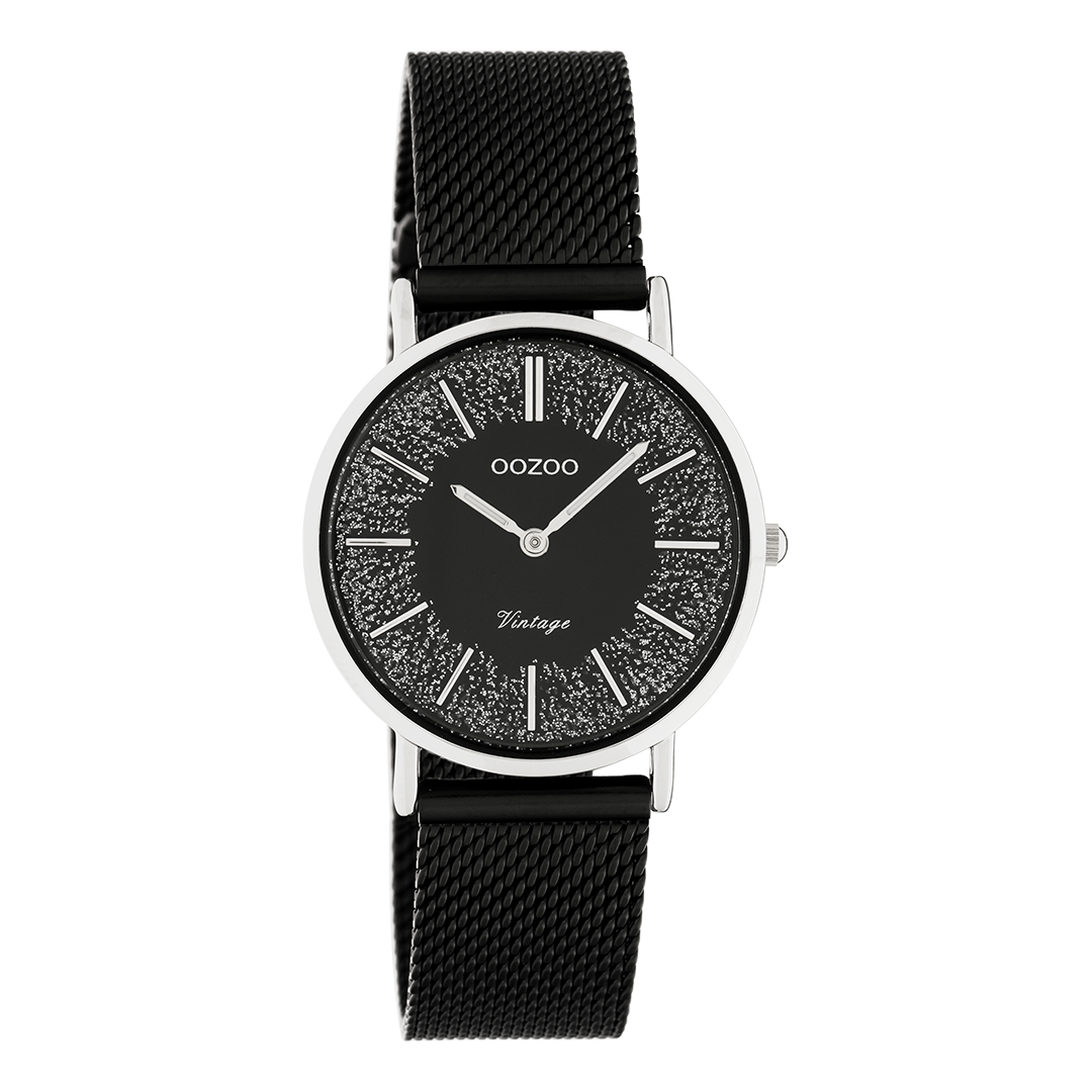 Zilverkleurige OOZOO horloge met zwarte metalen mesh armband - C20141
