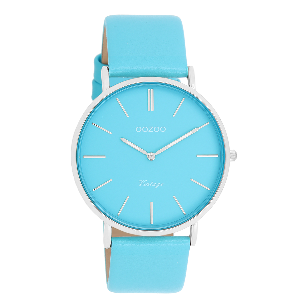 Silver coloured OOZOO watch with bright blue leather strap - C20322