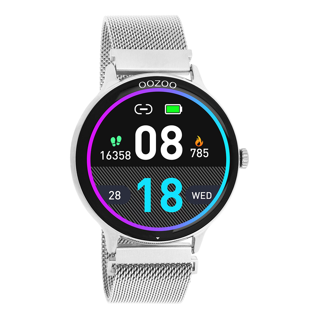 Silver coloured OOZOO smartwatch with silver coloured metal mesh bracelet - Q00135