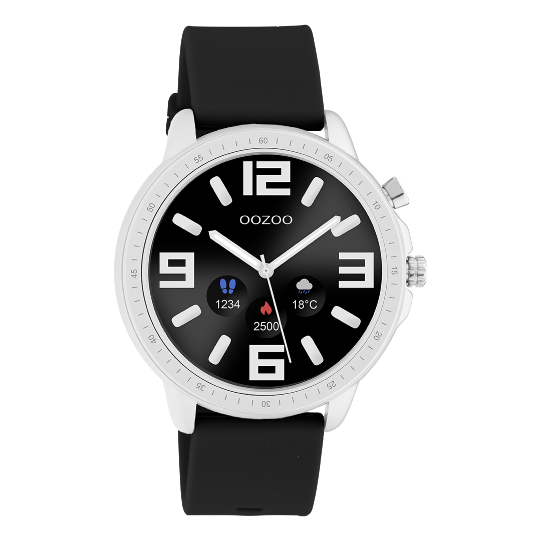 Zilverkleurige OOZOO smartwatch met zwarte rubber band - Q00300