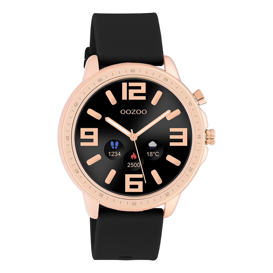Rosé goudkleurige OOZOO smartwatch met zwarte rubber band - Q00303