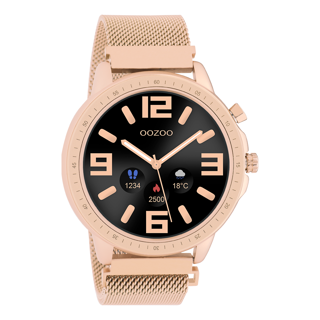 Rosé goudkleurige OOZOO smartwatch met rosé goudkleurige metalen mesh armband - Q00307