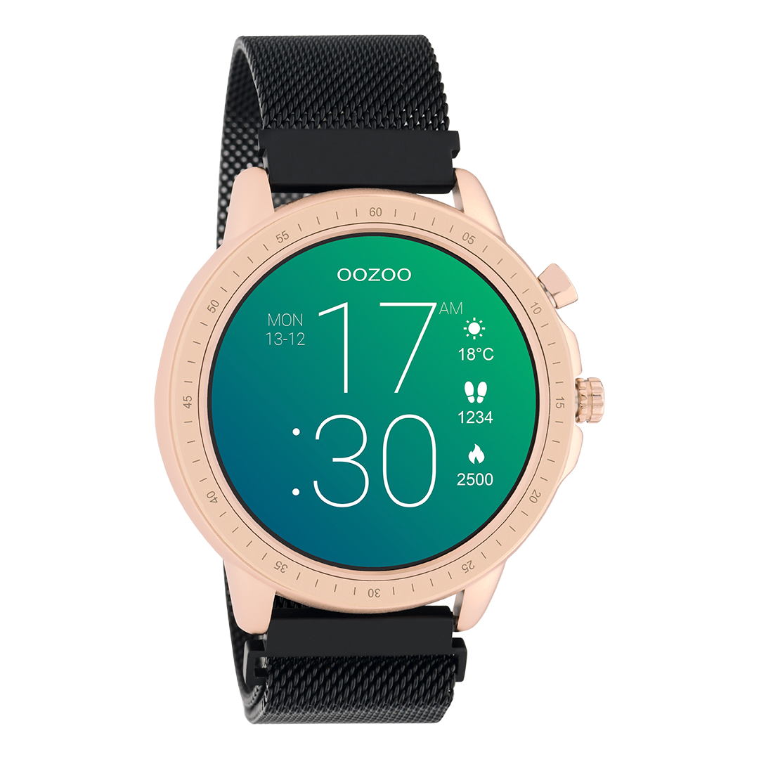 Rosé goudkleurige OOZOO smartwatch met zwarte metalen mesh armband - Q00308