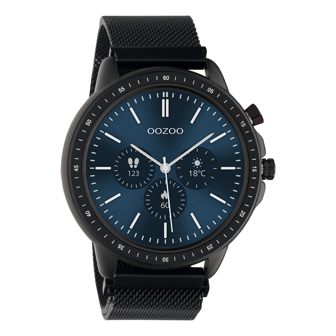 Zwarte OOZOO smartwatch met zwarte metalen mesh armband - Q00309