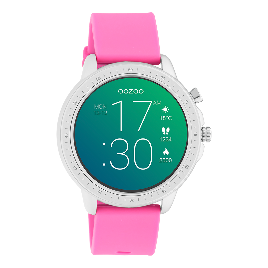 Zilverkleurige OOZOO smartwatch met framboos roze rubber band - Q00314