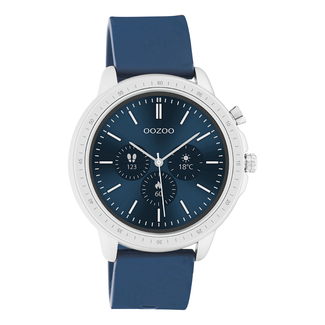 Zilverkleurige OOZOO smartwatch met donker blauwe rubber band - Q00315
